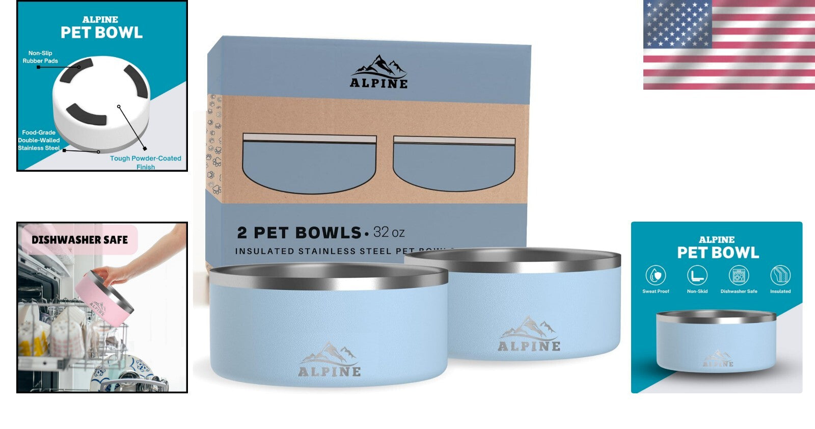 Set of 2 Non-Slip Stainless Steel Dog Bowls - 32 Oz Insulated & Dishwasher Safe