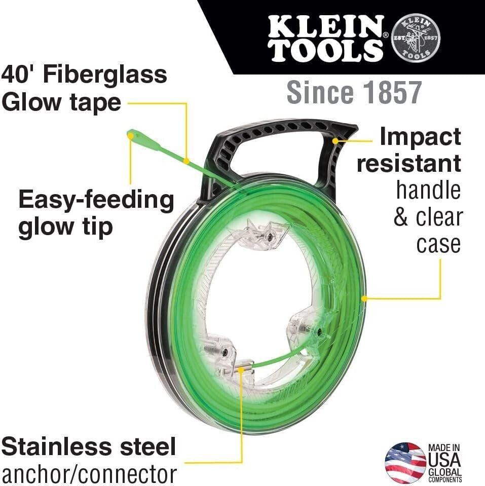 40-Foot Glow-in-the-Dark Fiberglass Fish Tape with Nylon Tip and Steel Connector