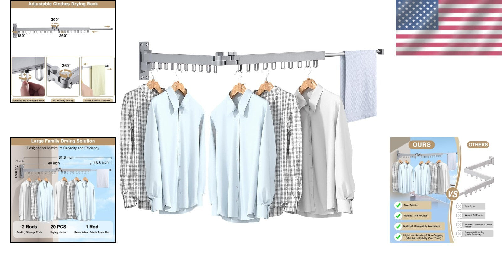 Retractable Laundry Drying Rack - Space-Saving 330 lbs Capacity, Aluminum Frame