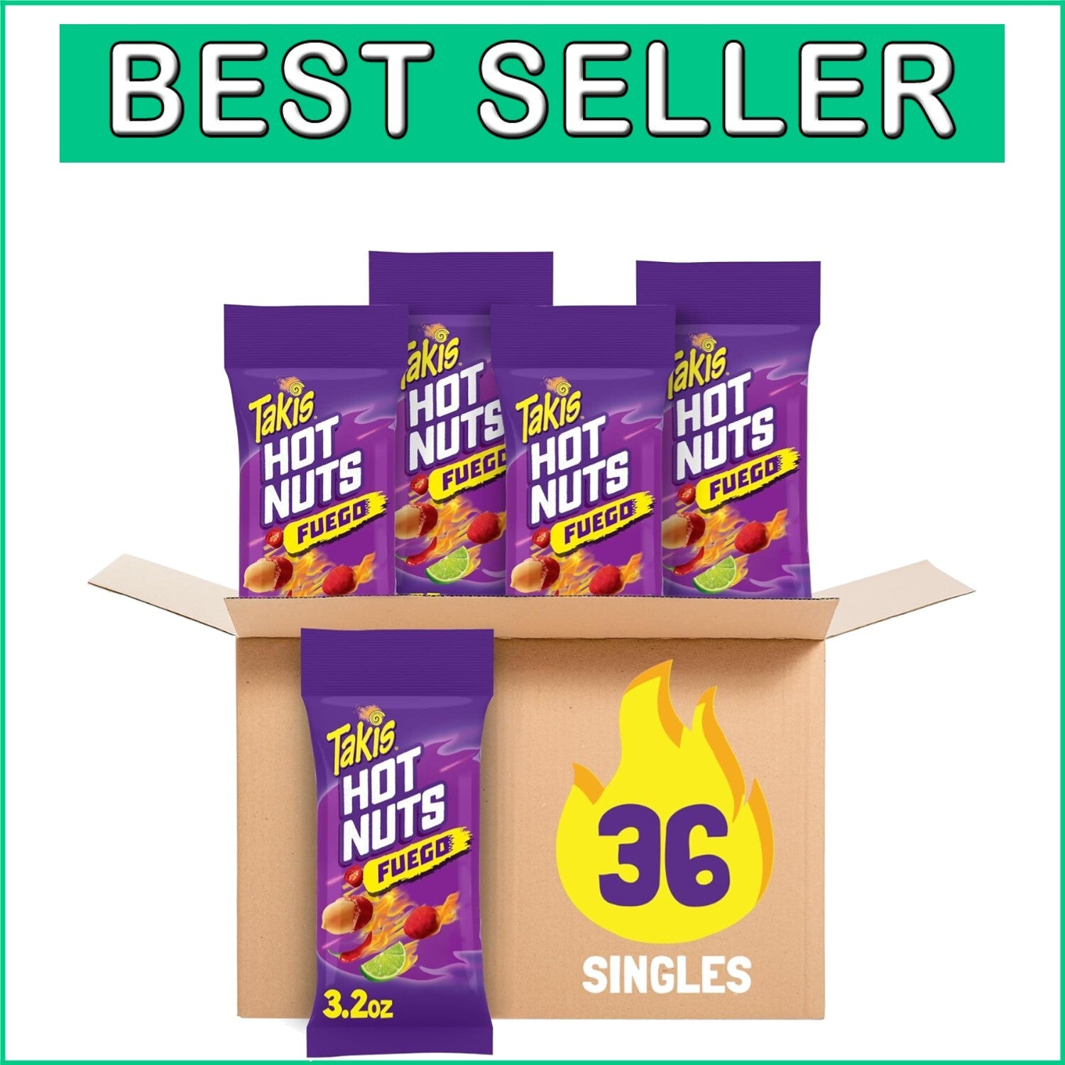 Fuego Hot Nuts 3 Ct - Extreme Spicy Double-Crunch Peanuts in Lime & Chili Flavor