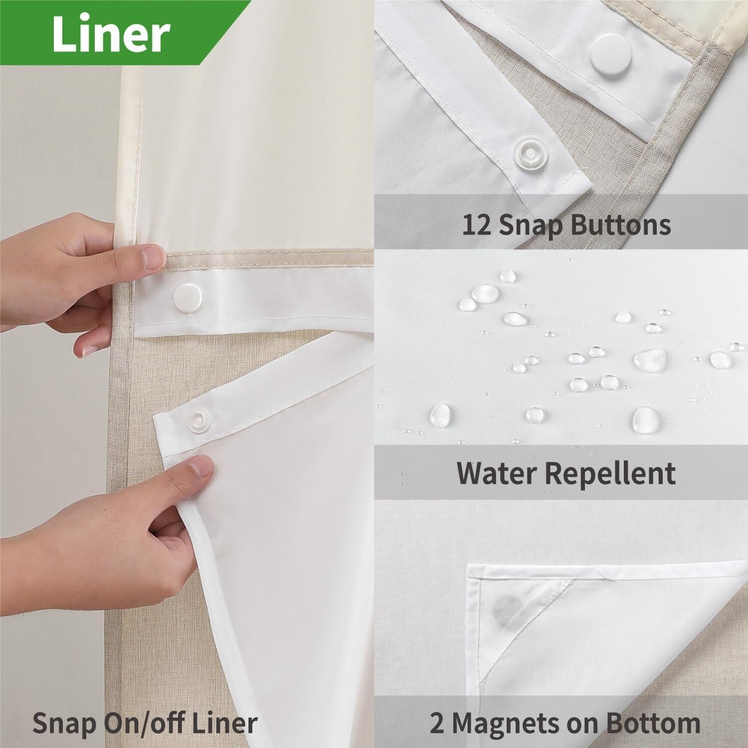 Luxury Linen Textured Waterproof Shower Curtain with Snap-in Liner Set, Cream