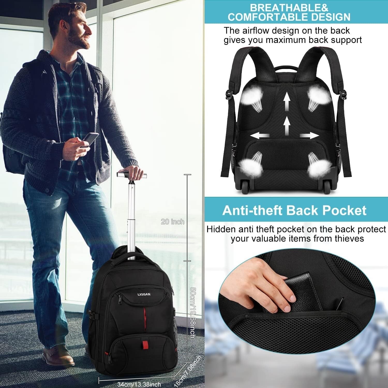 Durable Wheeled Backpack with 45L Capacity - Perfect for Travel and School