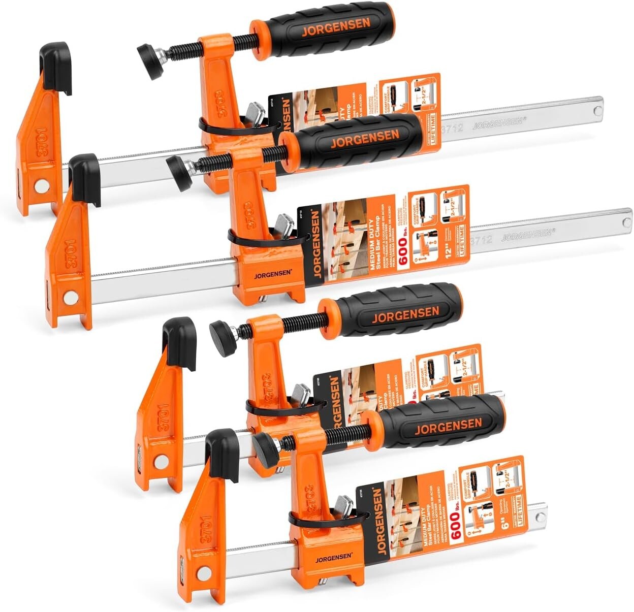 4-Pack Steel Bar Clamps Set, 6-Inch & 12-Inch F-Clamps, 600 Lbs Capacity