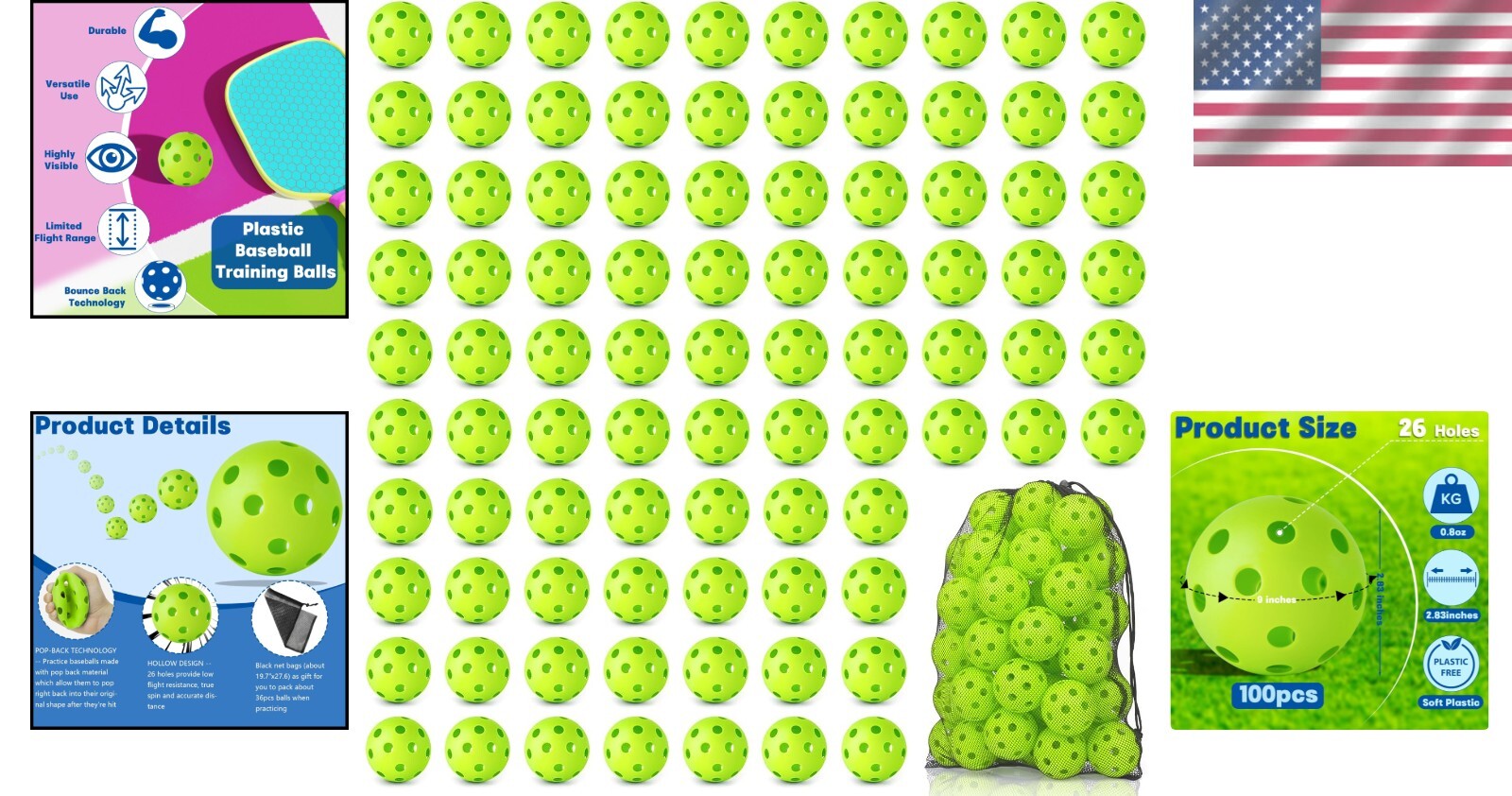 100 Pack Lightweight Plastic Baseball Training Balls with Drawstring Bag