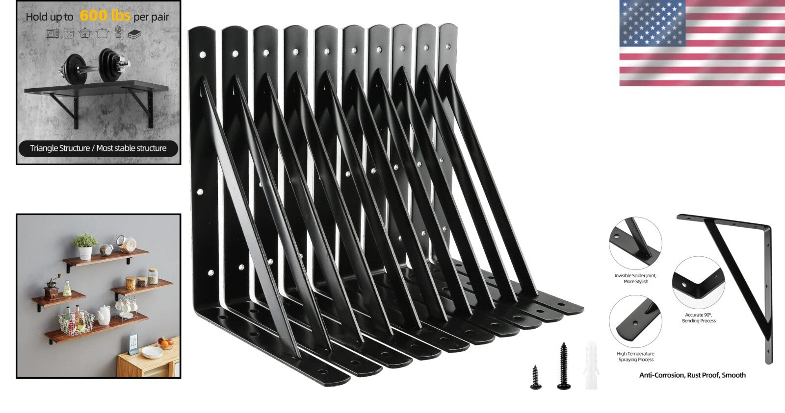 Durable Black Steel Shelf Brackets, 10-Pack 12" x 8" Heavy Duty 600 lb Support