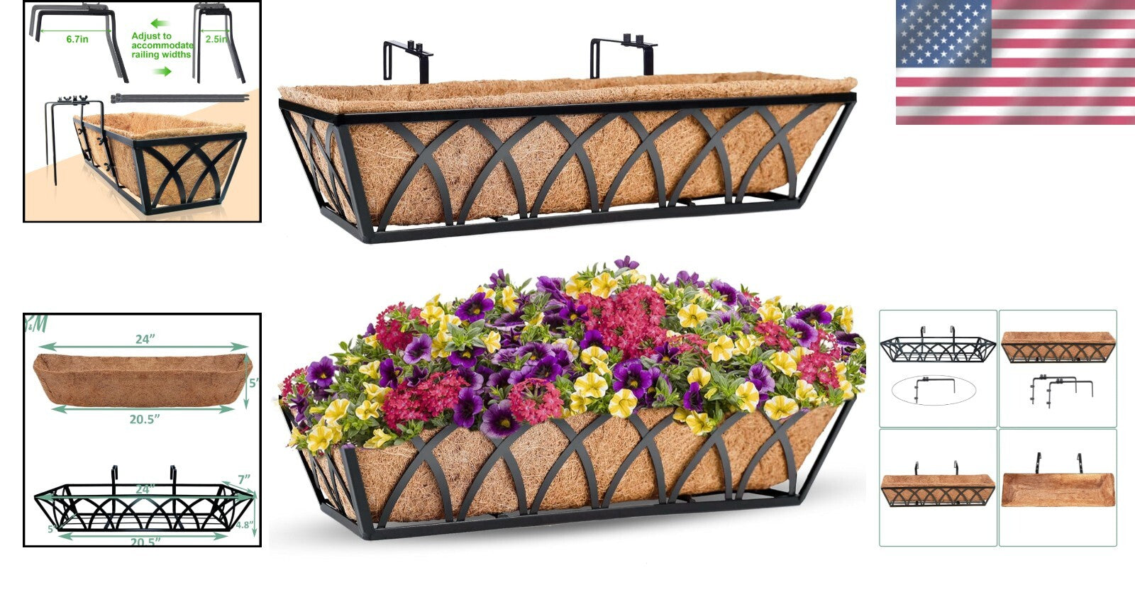 Durable 24-Inch Hanging Metal Planters with Coco Liner for Outdoor Gardens