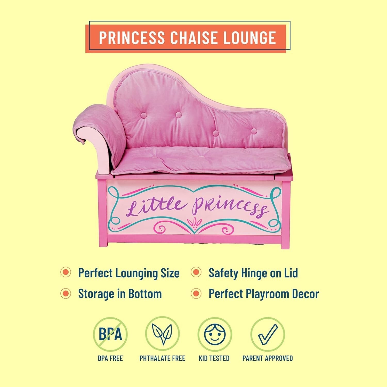 Kids Princess Fainting Couch with Toy Storage and Safety Hinge - 32" x 15.5"