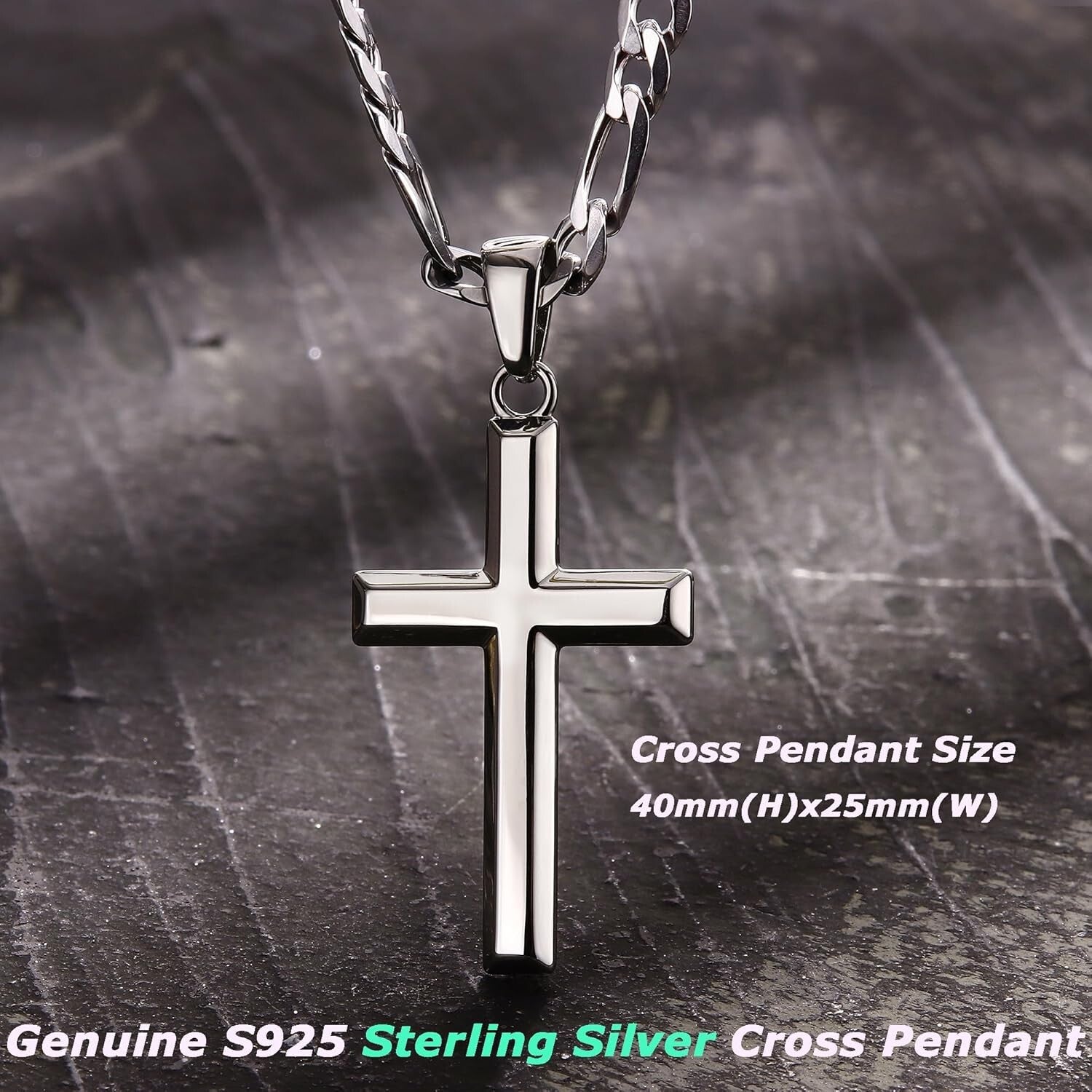 925 Sterling Silver Cross Necklace with Durable Figaro Chain - Gift Box Included