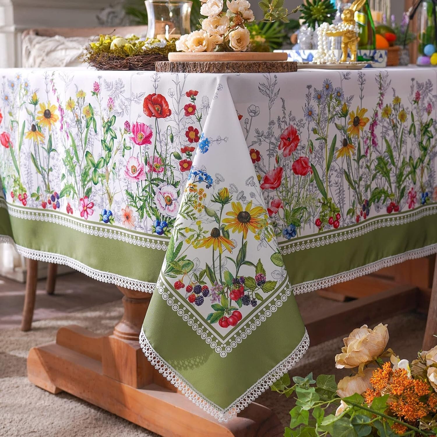 Stain-Resistant Floral Table Cover with Lace, Perfect for Spring/Summer Events