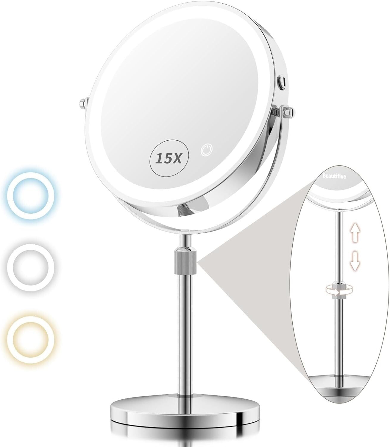Rechargeable 8” Makeup Mirror with 15X Magnification & Stepless Dimming Light