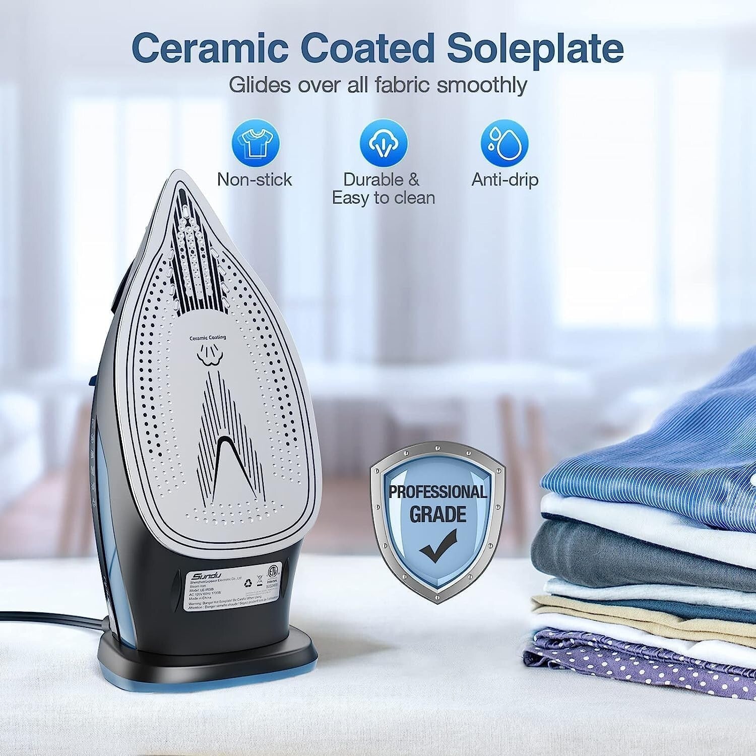Efficient 1700W Steam Iron with Adjustable Settings & Durable Ceramic Soleplate