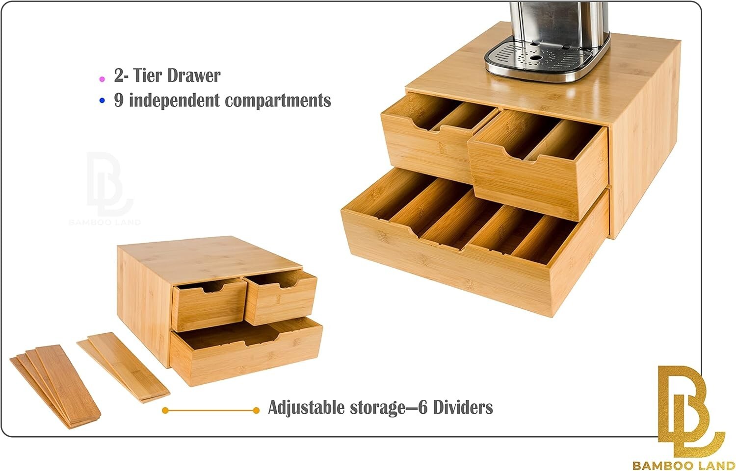 Elegant Extra Large Bamboo Coffee Pod Organizer with Sliding Drawers - 2 Tiers