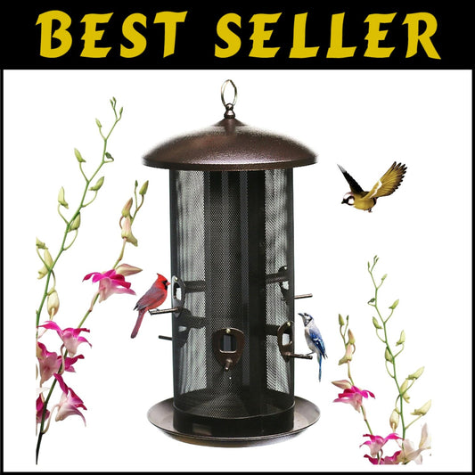 Heavy-Duty Metal Hopper Bird Feeder with Dual Seed Compartments and 10 Ports