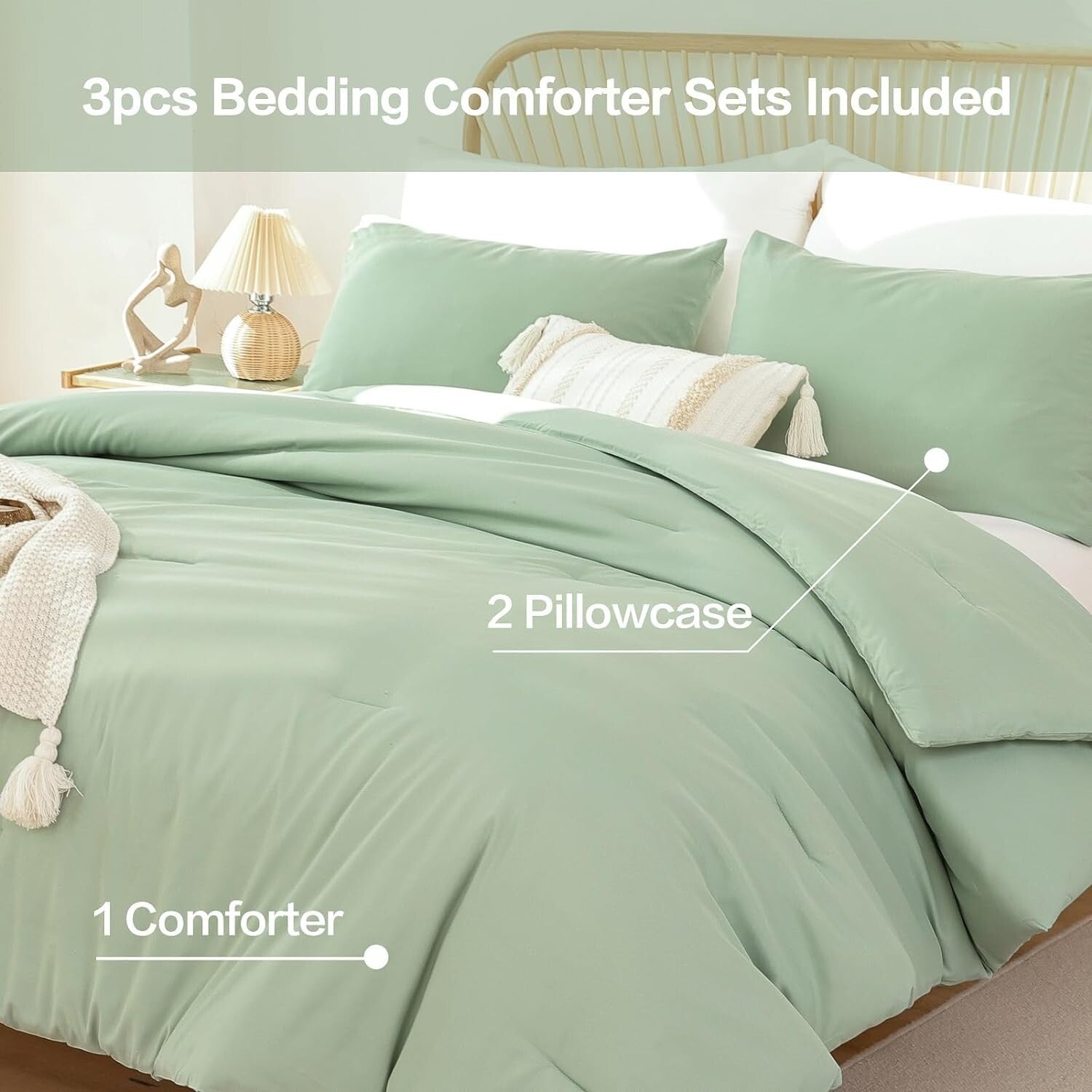 Lightweight Super King Plus Comforter 128x120 - 3 Piece Sage Green Bedding Set