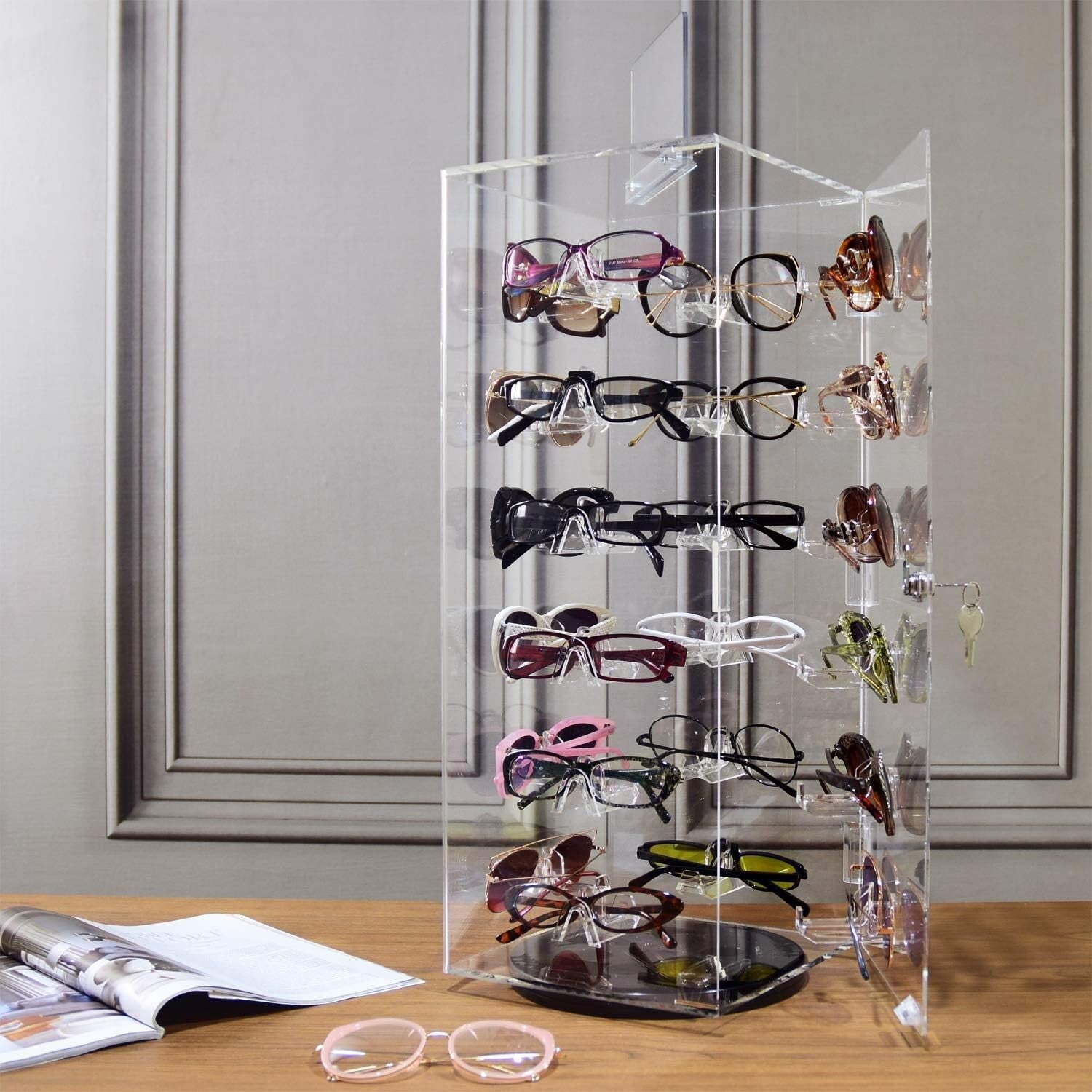 Elegant 24-Pair Acrylic Sunglass Organizer with Mirror - Stylish Eyewear Stand