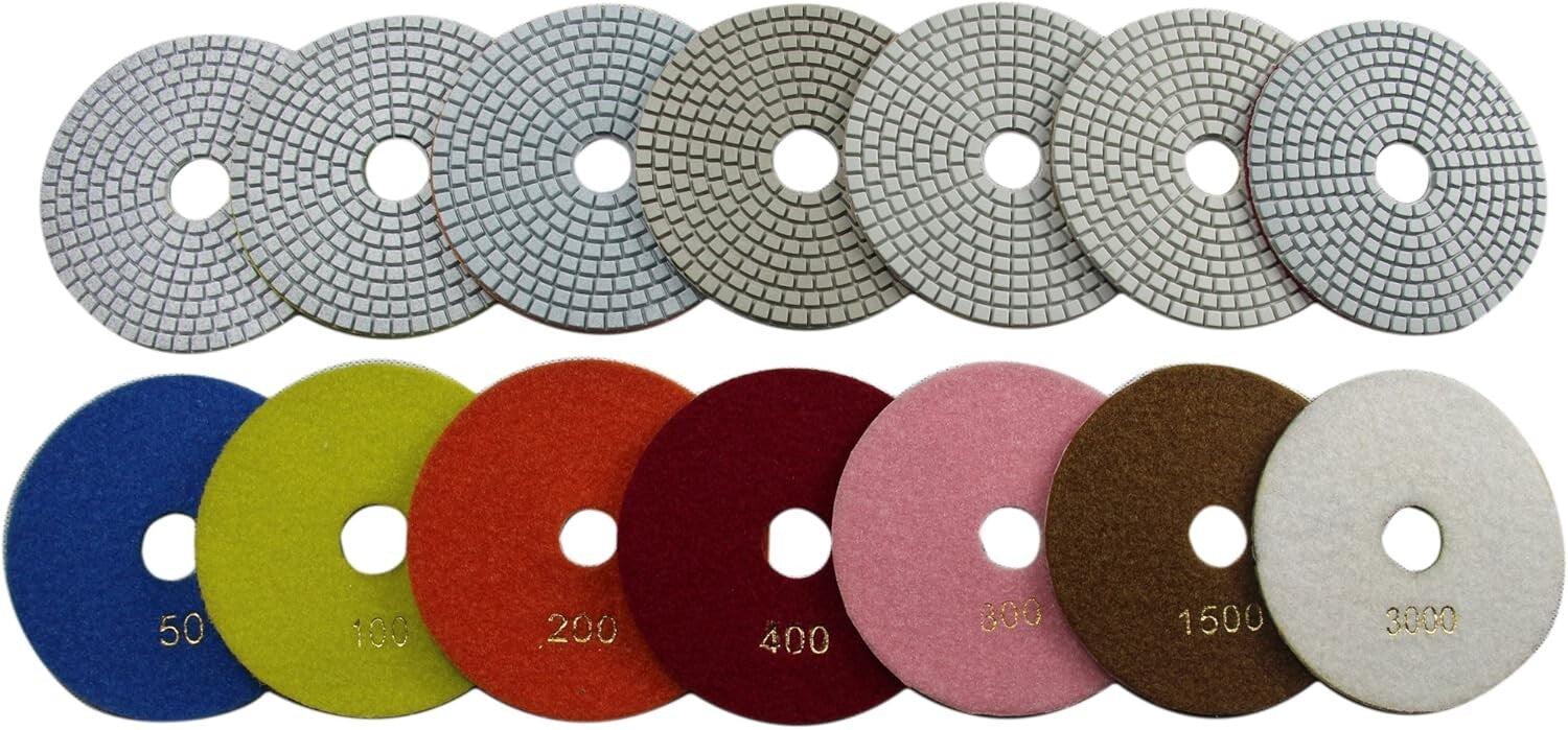 Flexible 6" Diamond Polishing Pads - 7-Step Velcro Discs for Stone Surfaces