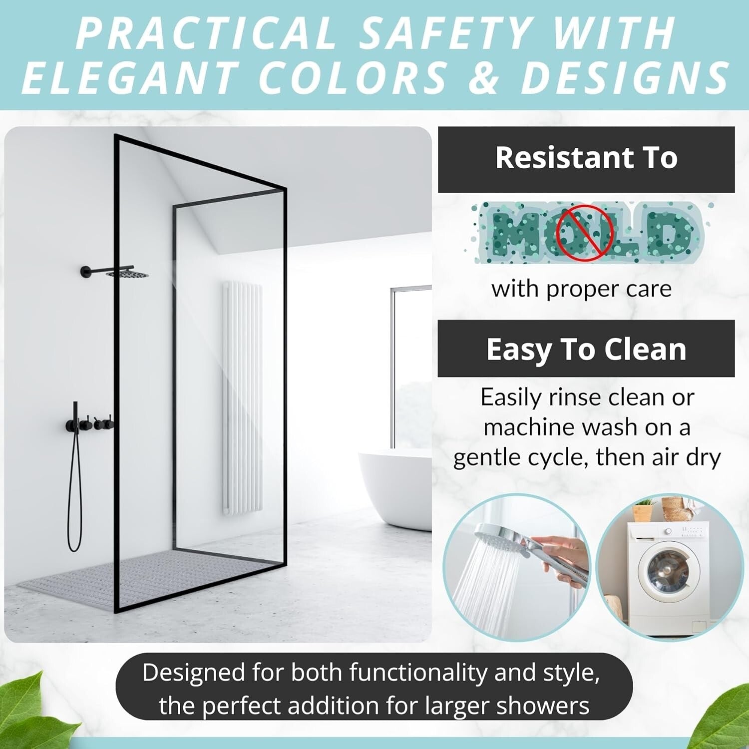 47" x 32" Heavyweight Non-Slip Shower Mat with Suction Cups & Easy Drainage