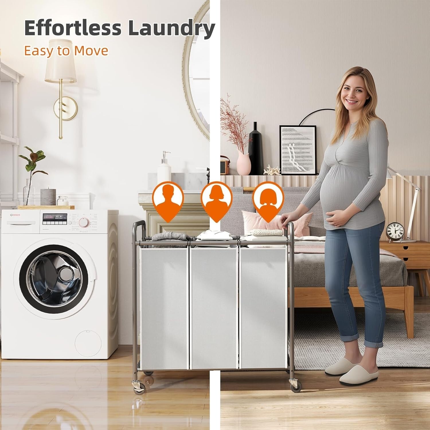 Gray Laundry Hamper on Wheels - 3 Compartments & Removable Bags for Easy Sorting