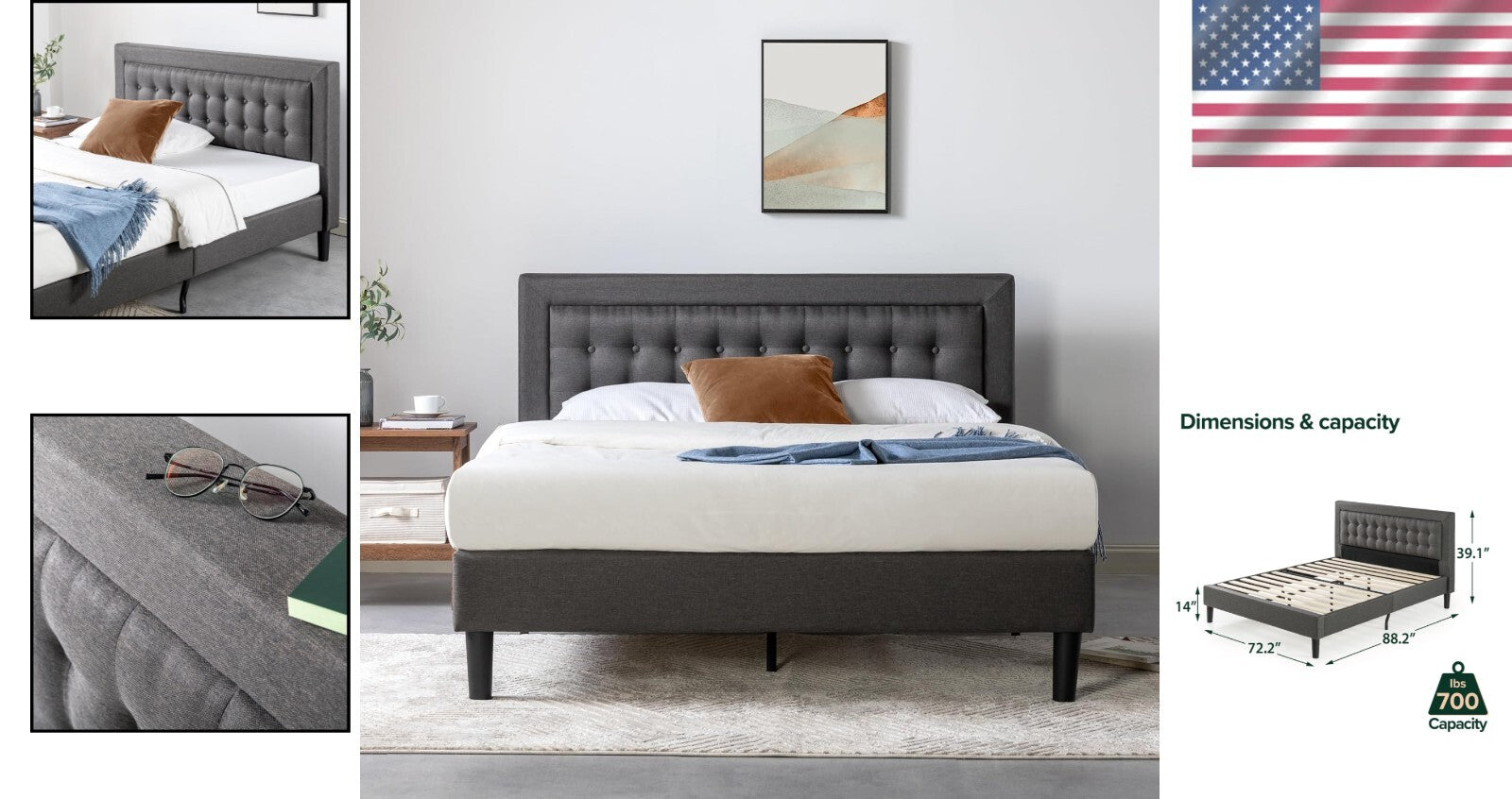 Durable California King Platform Bed Frame - Upholstered, No Box Spring Required