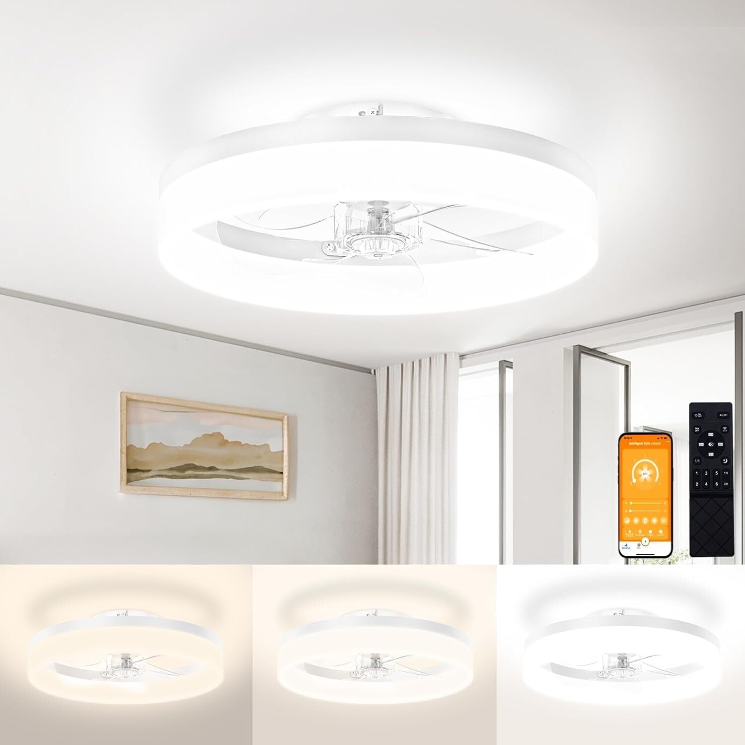 Quiet 15.7in Flush Mount Ceiling Fan with LED Light & 6 Speed Remote Control