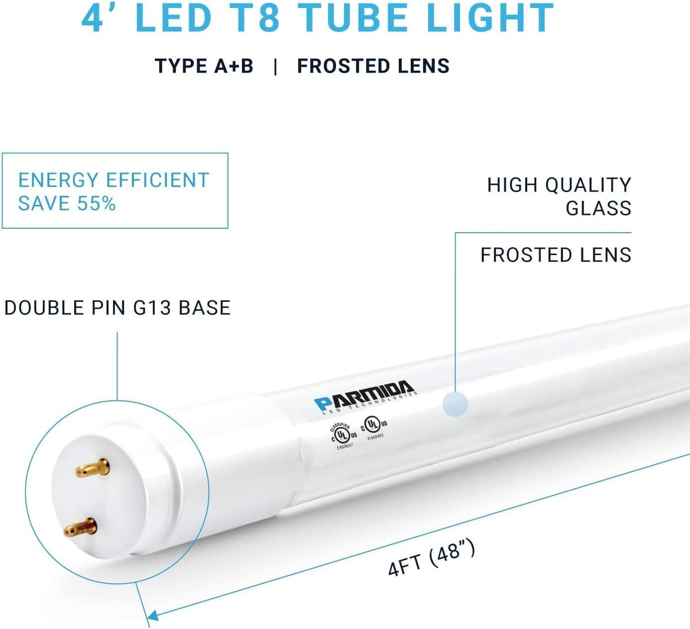 Energy-Efficient 20-Pack 4FT LED T8 Tubes - 5000K Daylight, Dual-end Options