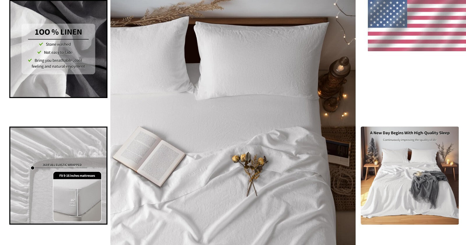 Luxurious 100% Linen King Size Bed Sheet Set - 4 Piece Solid White Bedding