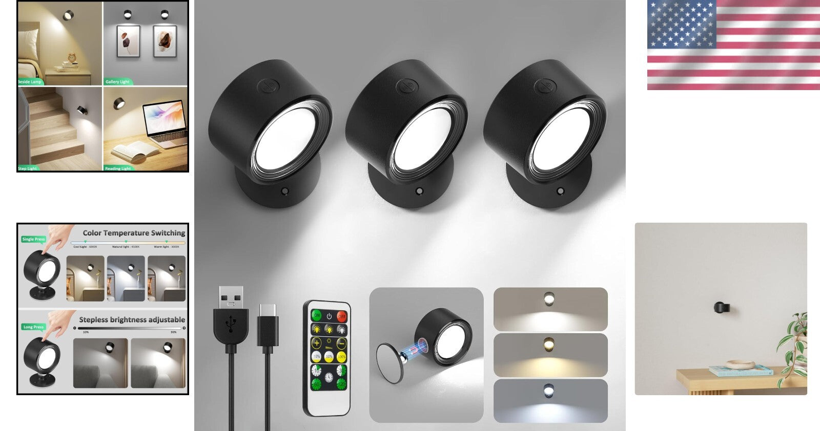 Art Deco LED Wall Lights - 3-Piece Cordless with 360° Rotation & Remote Control