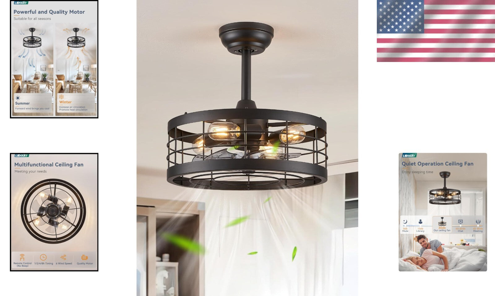 16.5'' Black Caged Ceiling Fan with Remote & LED Light for Stylish Living Spaces