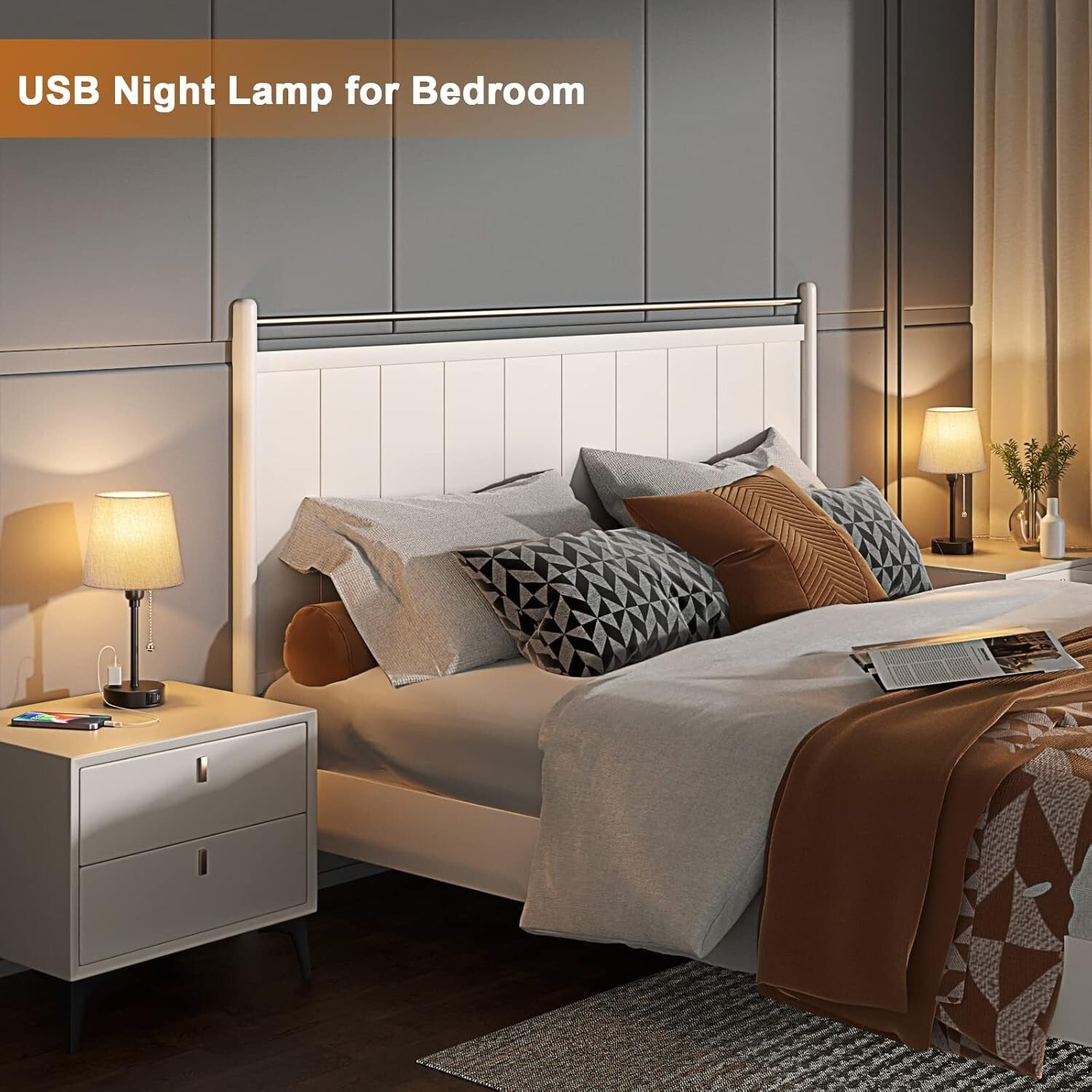 Dimmable Gray Bedside Lamps with Built-in USB Charge & 3 Light Settings - 2 Pack