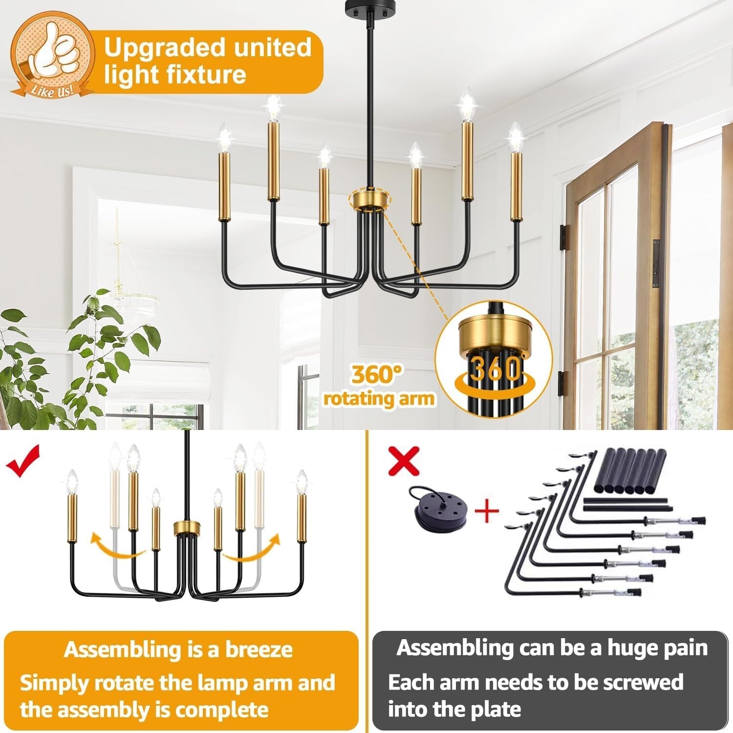 Industrial Black and Gold 6-Light Ceiling Fixture - Easy Install Farmhouse Style