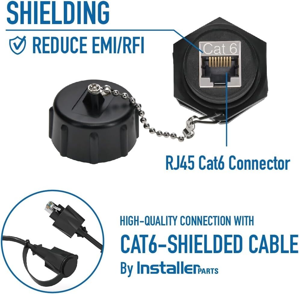 Durable RJ45 Cat6 Panel Mount Connector - Gold Plated, IP67 Waterproof Design