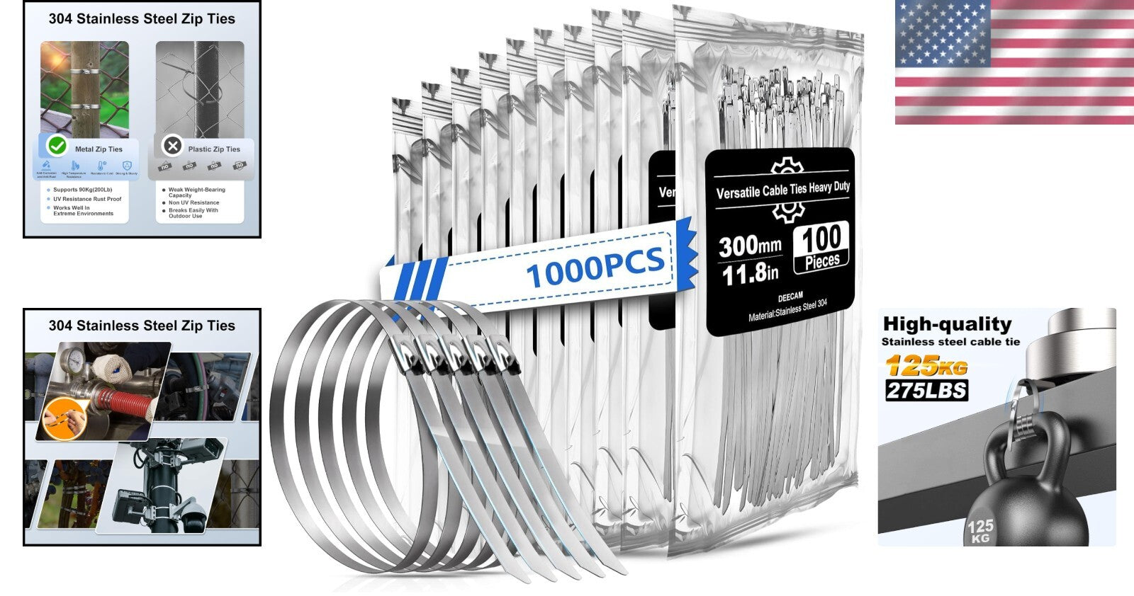 Durable 1000 pcs Self-Locking Metal Zip Ties, 11.8 Inches for Versatile Bundling