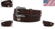 Load image into Gallery viewer, Men's Basketweave Leather Concho Belt with Silver Floral Details - Sizes 32-46