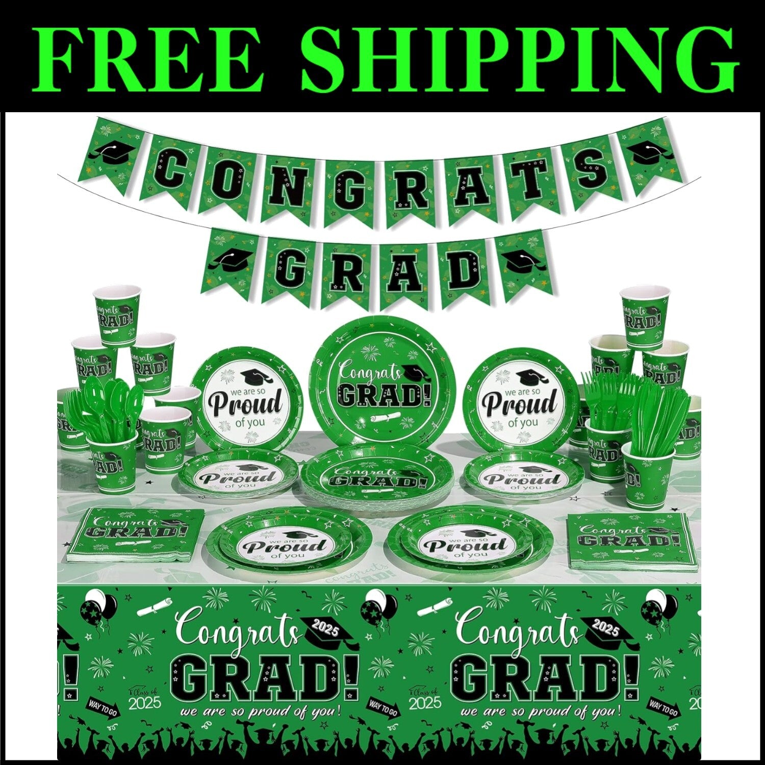 Class of 2025 Graduation Decorations - 357 Pcs Dinnerware, Banner & Tablecloth