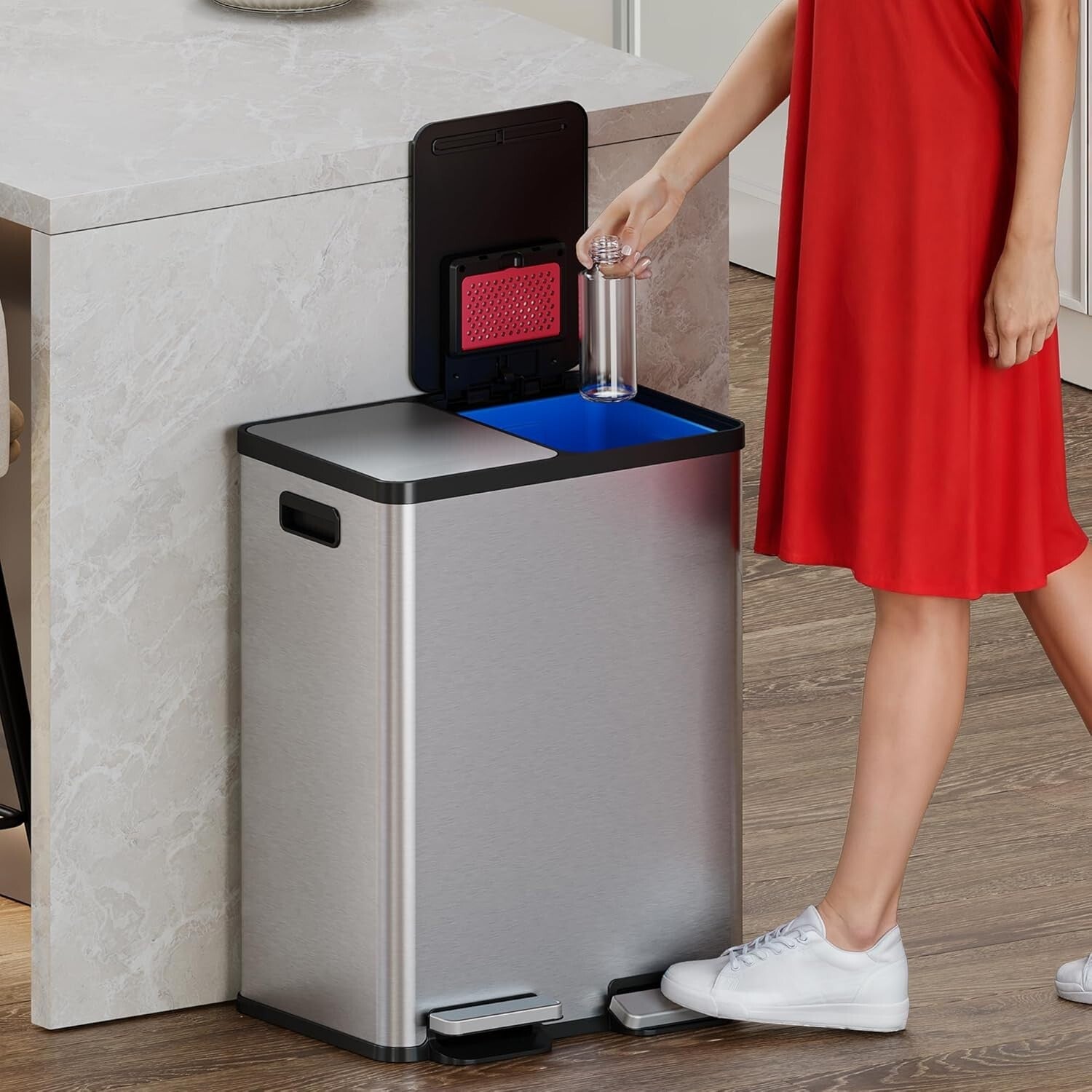 Elegant 16-Gallon Stainless Steel Dual Trash Can & Recycling Bin with Soft-Close