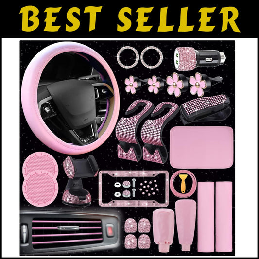 Fashionable Light Pink Car Accessories Bundle: Steering Cover & Phone Holder