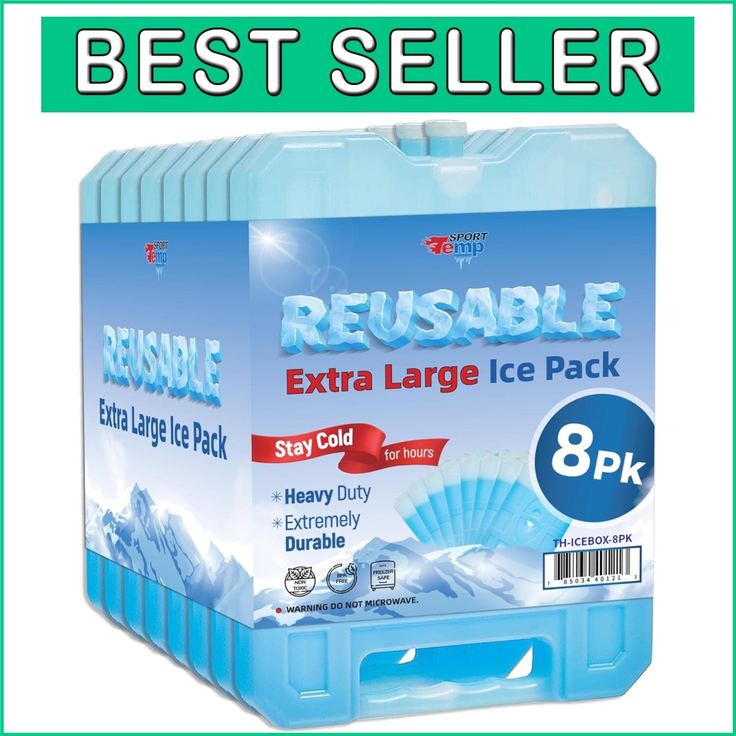 8-Pack Jumbo Reusable Ice Packs - Keeps Food & Beverages Cold for Hours