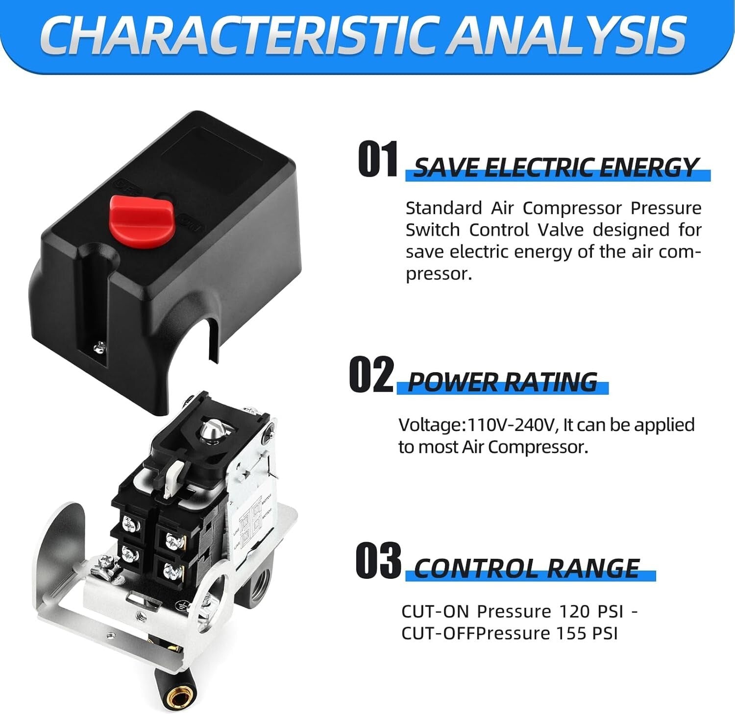 Durable Air Compressor Pressure Switch 120-155 PSI with Replacement Components