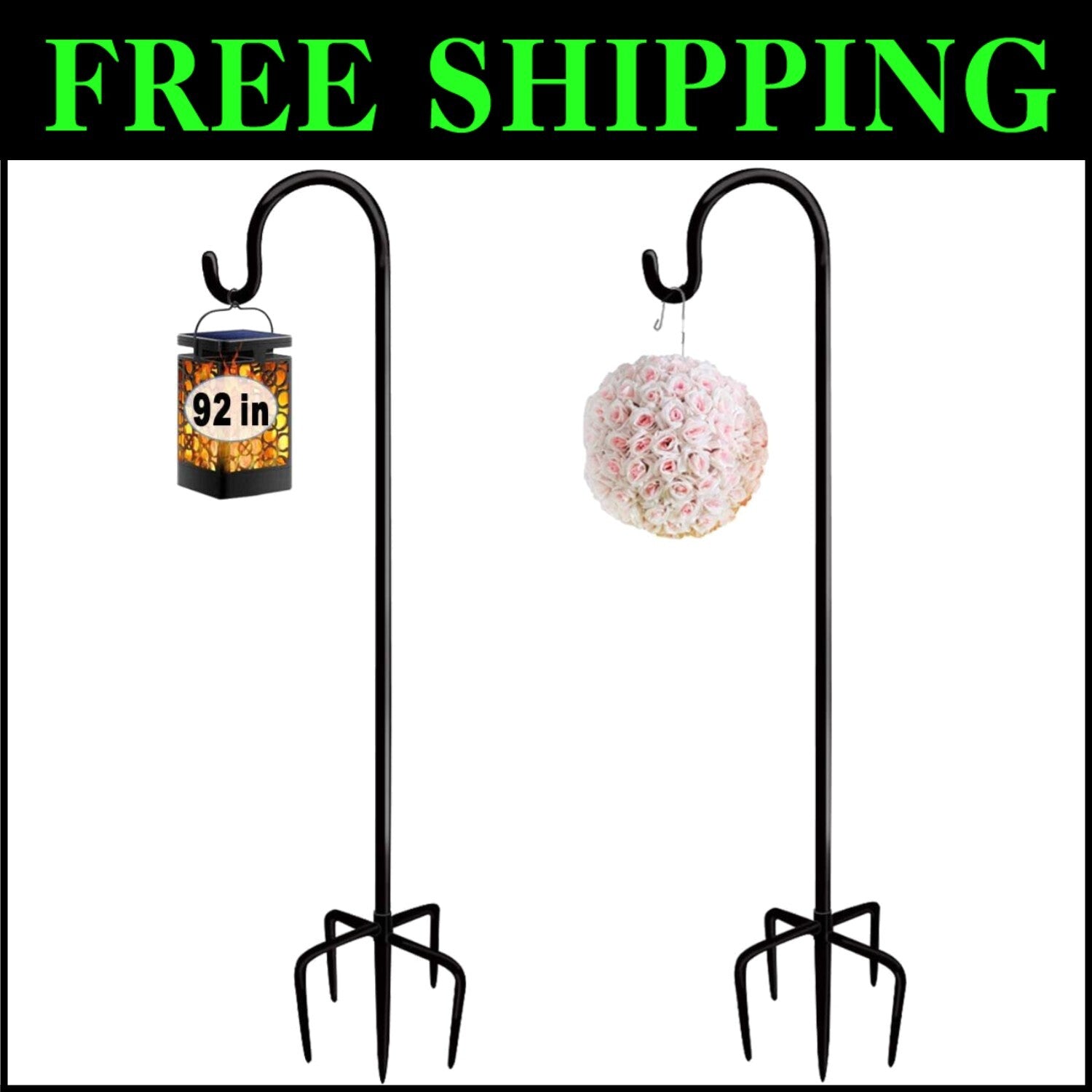 Rust-Resistant Adjustable Shepherd Hooks, 92" High with 5 Base Prongs - Black