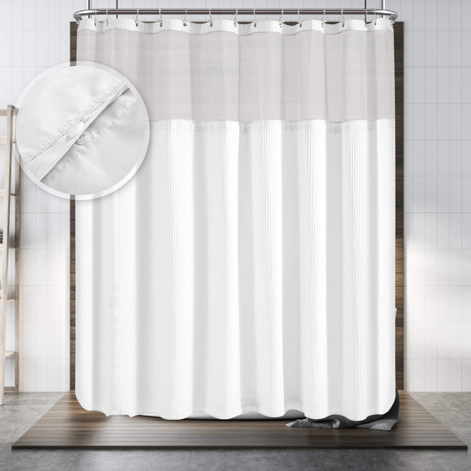 180" x 70" Waffle Weave Shower Curtain with Mesh Window & Detachable Liner