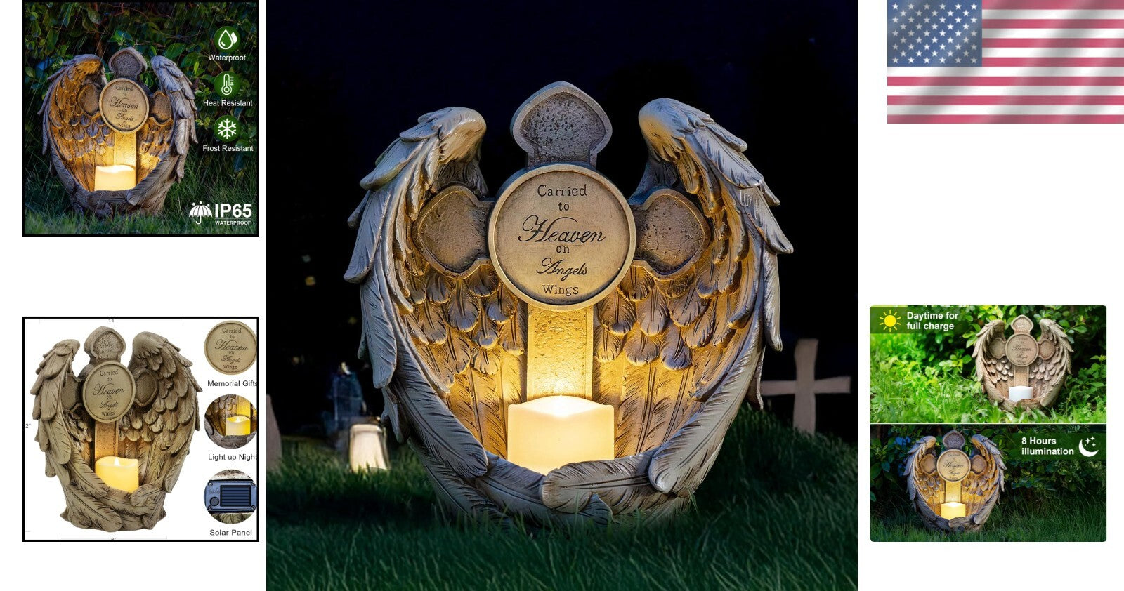 Tranquil 12'' Solar Angel Wing & Cross Light - Sympathy Gift for Grave Decor