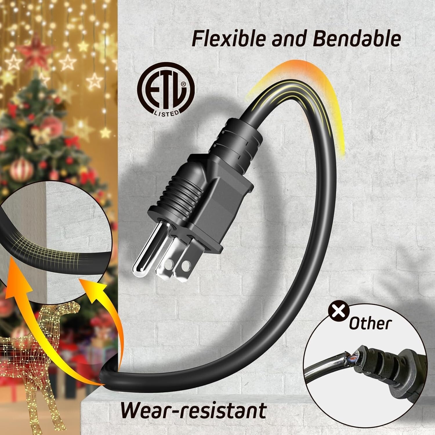 Heavy-Duty 16/3C 4-Outlet Splitter Extension Cord, 74 FT Ideal for Outdoor Decor