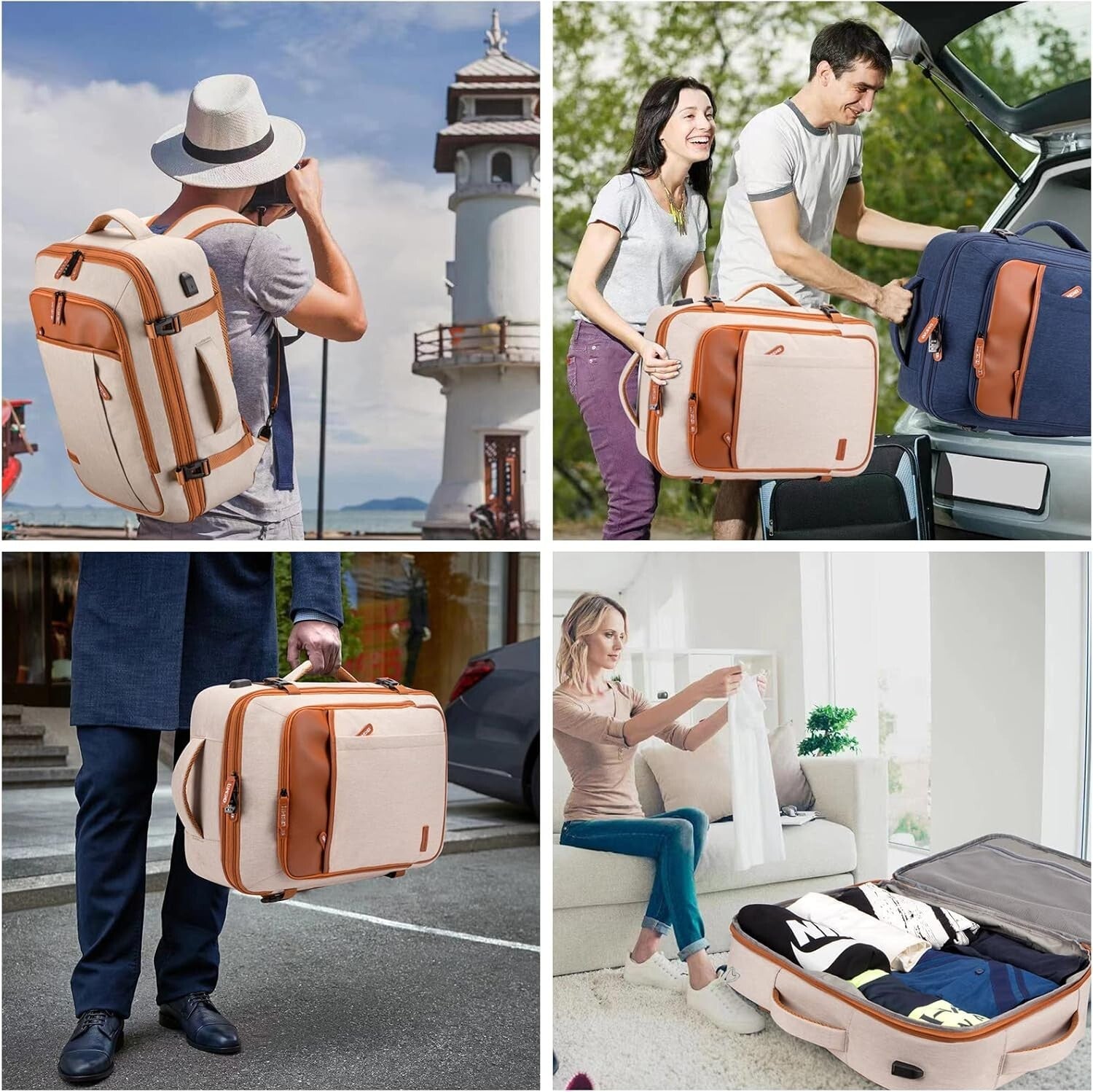 Expandable 40L Travel Backpack for Men & Women - Water Resistant & Stylish Beige