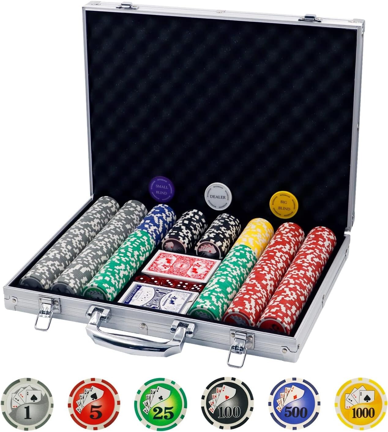 Complete 500 Chip Poker Set with Buttons, Dice & Travel Case - Party Essentials