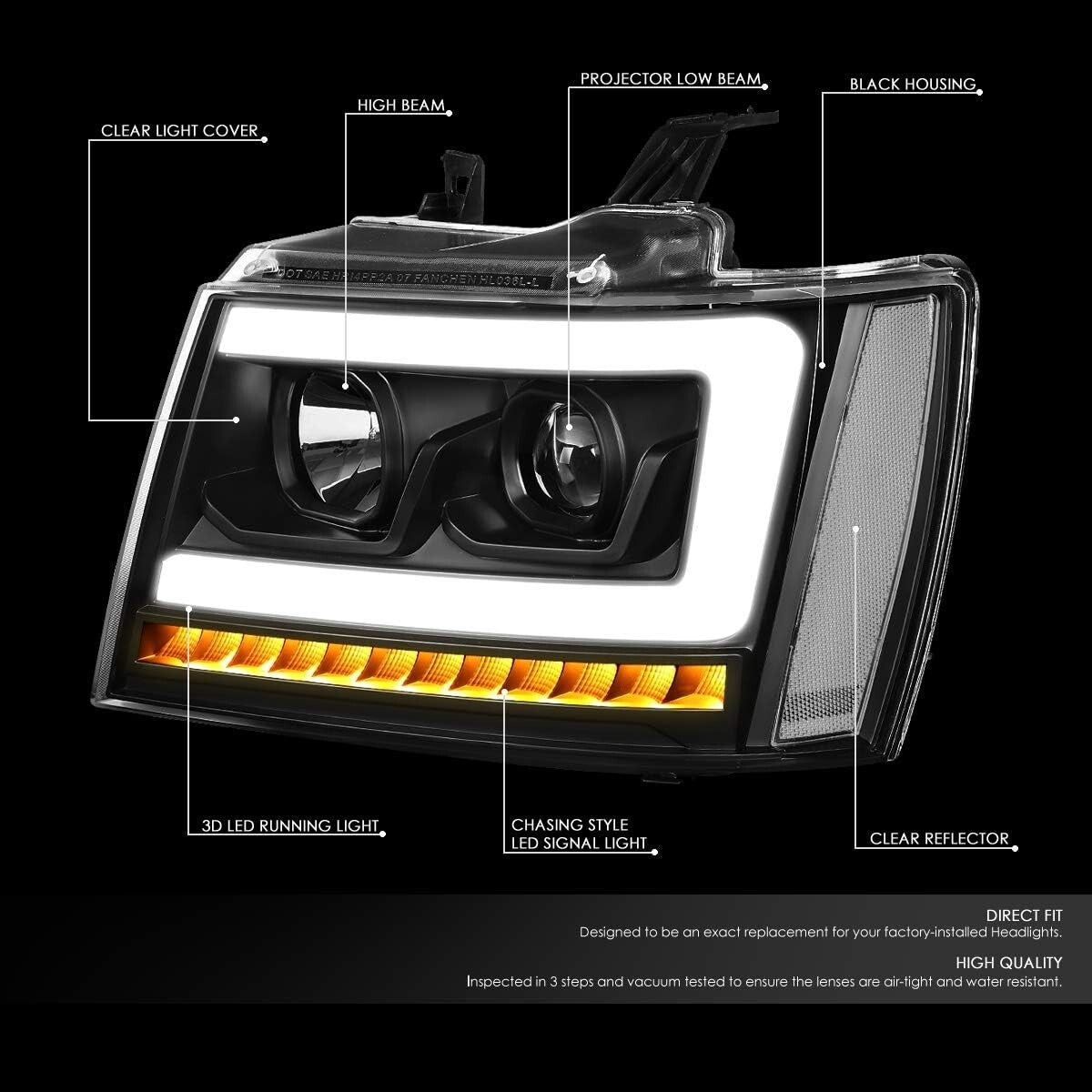 Clear Lens LED DRL Projector Headlights with Sequential Lights for Chevy SUVs