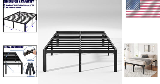 14in High Heavy Duty King Bed Frame - No Box Spring Needed, Easy to Assemble