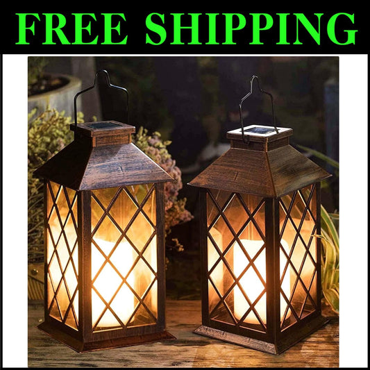 2 Pack 14" Solar Lanterns - Waterproof LED Flameless Candle in Antique Copper