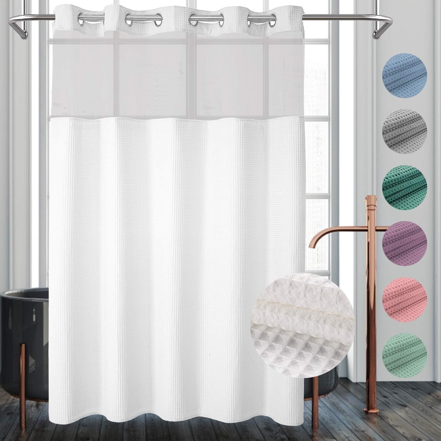 Stylish White Waffle Weave Shower Curtain Set - Grommet Style, 71 x 74 Inches