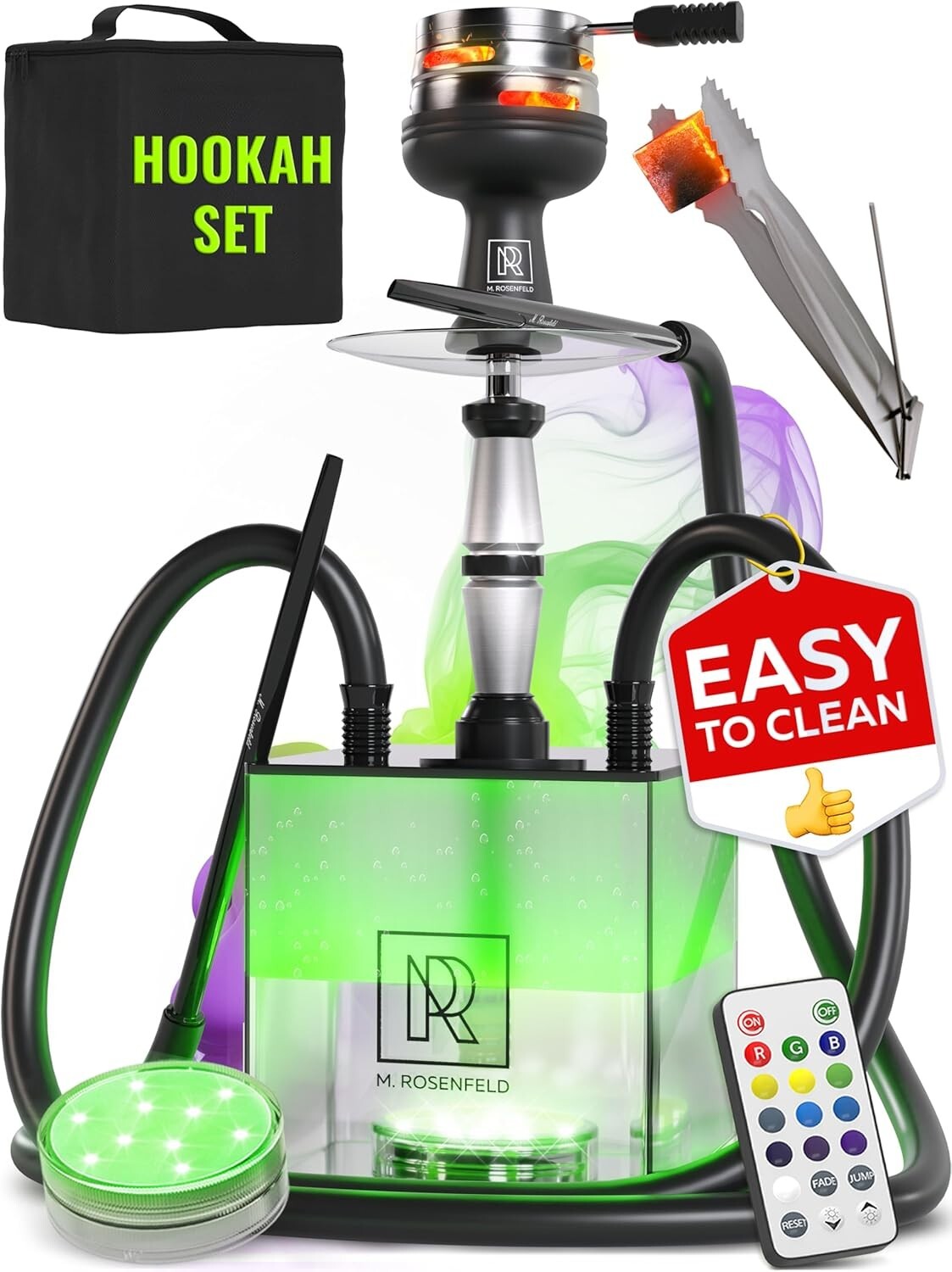 Black LED Hookah Set with 2 Hoses – Durable, Easy to Clean & Perfect for Gifting