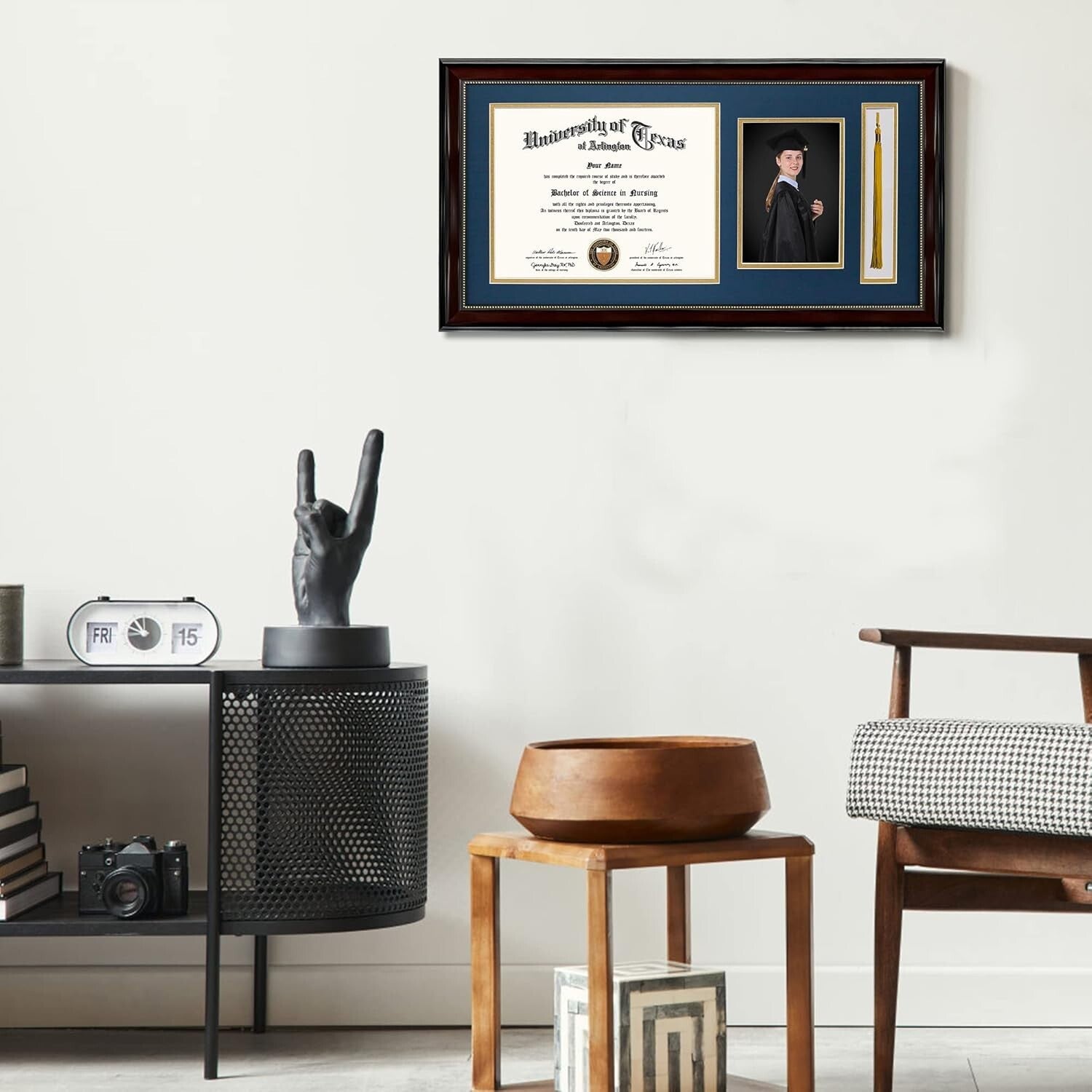 Elegant 11x22 Mahogany Diploma Frame with Tassel Holder and Navy Gold Mat